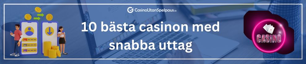 Tecknade figurer som interagerar med en mobiltelefon som visar transaktioner och texten 10 bästa casinon med snabba uttag.