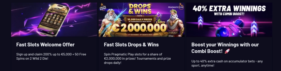 Kampanjer hos Fast Slots: välkomstbonus, Drops & Wins-turnering och 40 procent extra vinst med Combi Boost.