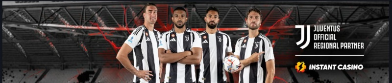 Instant Casino startsida med fyra fotbollsspelare i Juventus-tröjor som står på en stadion.