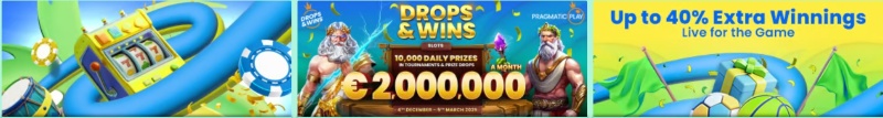 Färgglad banner med spelautomat, kampanjtext Drops & Wins med 2 miljoner euro i priser samt upp till 40 procent extra vinster.