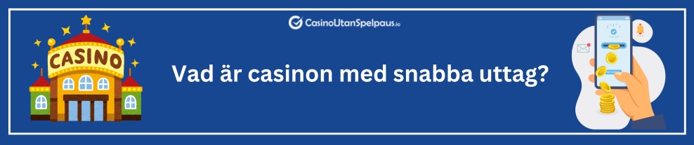 Illustration med ett färgglatt casinohus, texten Vad är casinon med snabba uttag och en mobiltelefon med mynt.